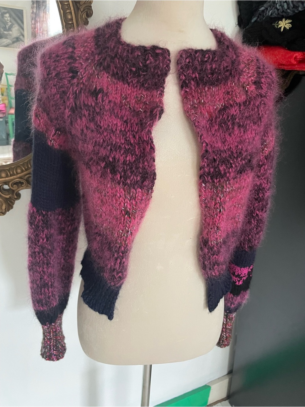 Hot pink mohair color block cardigan one of a kind hand knit wearable art xs s